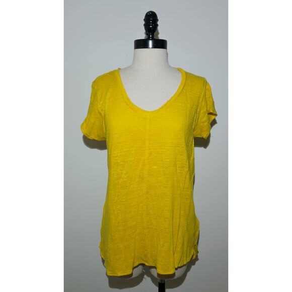 TAHARI Mustard Yellow Pullover Top Tee Shirt Linen Short Sleeve Solid Womens M - Picture 1 of 6